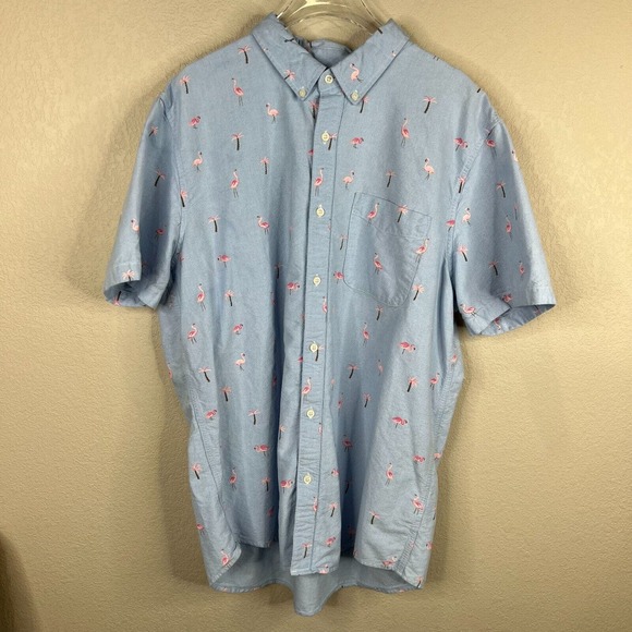 American Eagle Mens Button Down Shirt Size XL Blue Flamingo‎ Short Sleeve Oxford - Picture 1 of 12